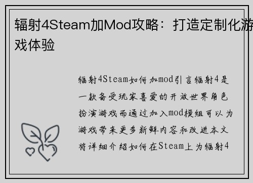 辐射4Steam加Mod攻略：打造定制化游戏体验