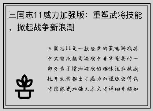 三国志11威力加强版：重塑武将技能，掀起战争新浪潮